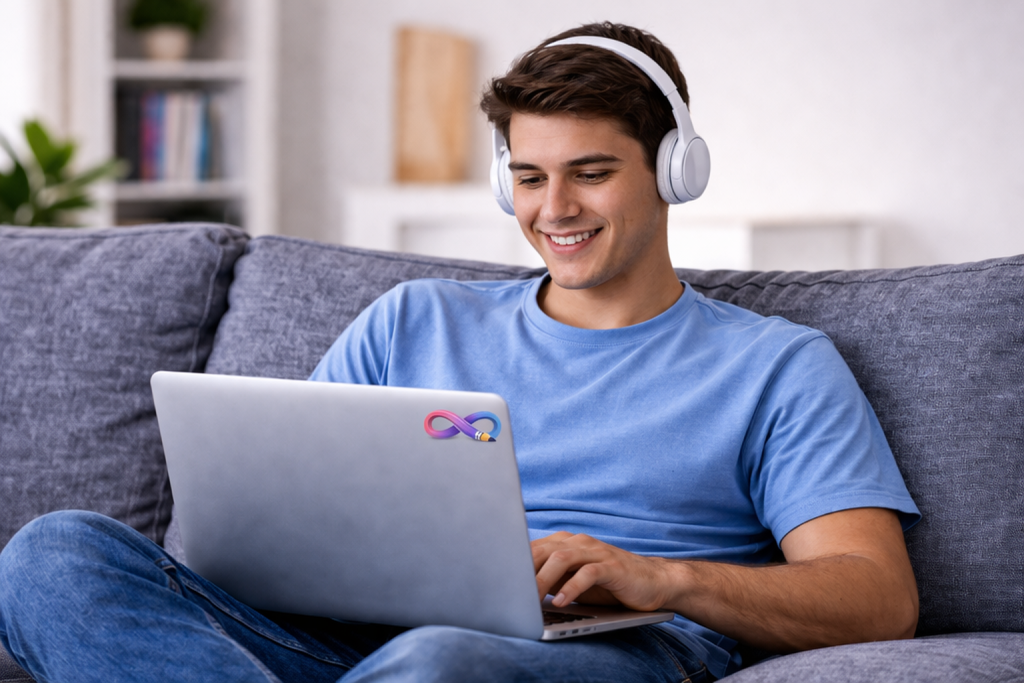 Online-Coaching Prüfungsangst junger Mann entspannt zu Hause mit PrüfungsRuhe